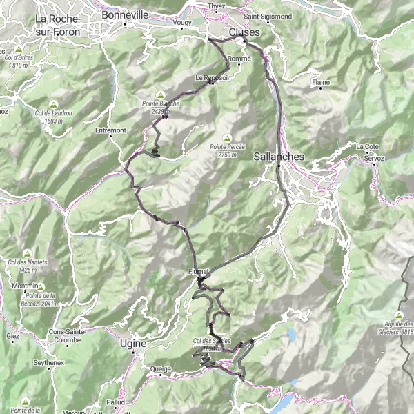 Zemljevid v pomanjšavi "Uživaški kolesarski izziv od Beauforta do La Glirettaza" kolesarske inspiracije v Rhône-Alpes, France. Generirano z načrtovalcem kolesarskih poti Tarmacs.app