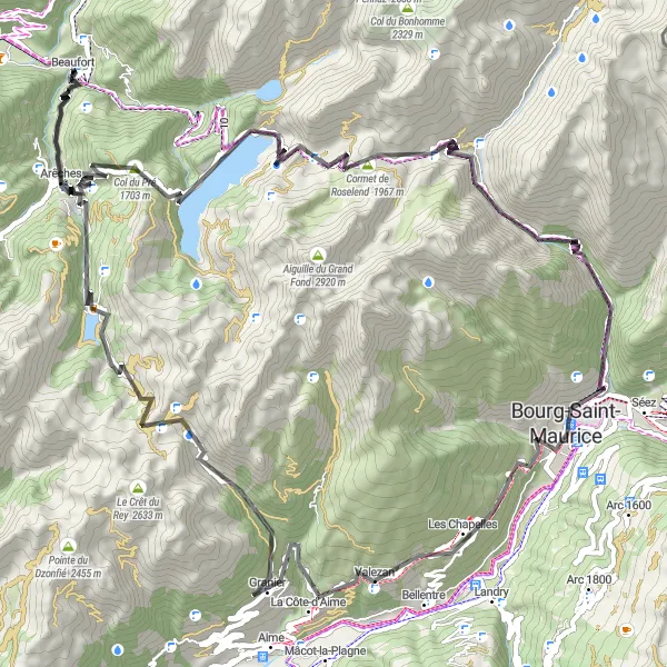 Kartminiatyr av "Spennende Rundtur fra Beaufort til Arêches" sykkelinspirasjon i Rhône-Alpes, France. Generert av Tarmacs.app sykkelrutoplanlegger