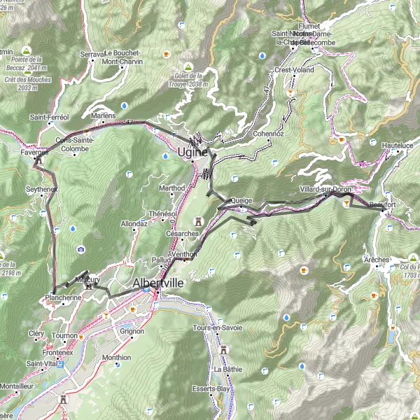 Miniature de la carte de l'inspiration cycliste "Parcours panoramique autour de Beaufort" dans la Rhône-Alpes, France. Générée par le planificateur d'itinéraire cycliste Tarmacs.app