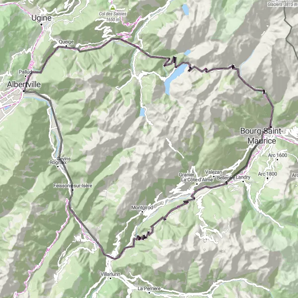 Zemljevid v pomanjšavi "Uživaška kolesarska tura med Beaufortom in Villard-sur-Doronom" kolesarske inspiracije v Rhône-Alpes, France. Generirano z načrtovalcem kolesarskih poti Tarmacs.app