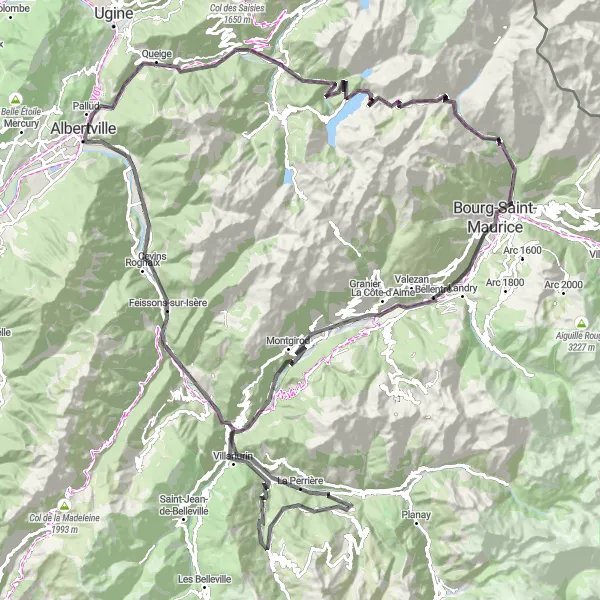 Kartminiatyr av "Roselend Challenge" cykelinspiration i Rhône-Alpes, France. Genererad av Tarmacs.app cykelruttplanerare