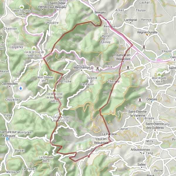 Karten-Miniaturansicht der Radinspiration "Beaujeu und Col de la Croix de Marchampt Gravel Tour" in Rhône-Alpes, France. Erstellt vom Tarmacs.app-Routenplaner für Radtouren
