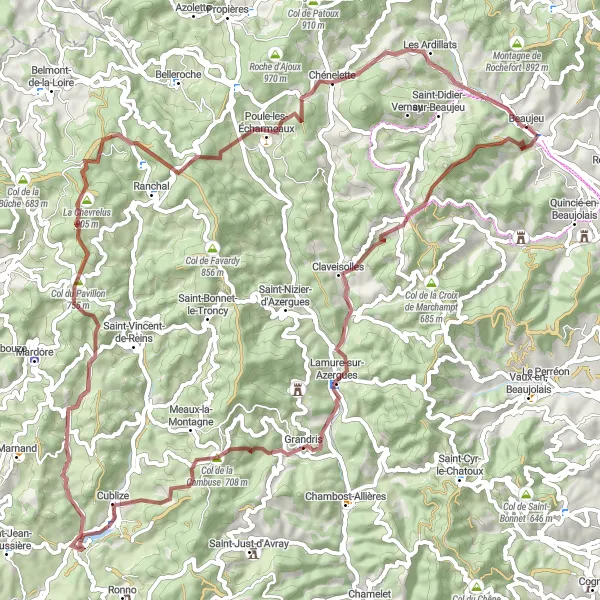 Miniatuurkaart van de fietsinspiratie "Gravelroute rond Beaujeu" in Rhône-Alpes, France. Gemaakt door de Tarmacs.app fietsrouteplanner