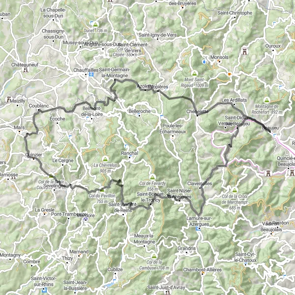 Map miniature of "Beaujeu and Col de la Casse Froide Challenge" cycling inspiration in Rhône-Alpes, France. Generated by Tarmacs.app cycling route planner