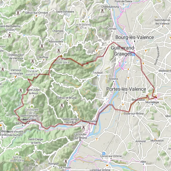 Miniatua del mapa de inspiración ciclista "Ruta de aventura de 78 km en gravel desde Beaumont-lès-Valence" en Rhône-Alpes, France. Generado por Tarmacs.app planificador de rutas ciclistas