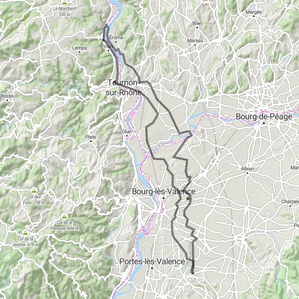 Miniatua del mapa de inspiración ciclista "Recorrido escénico de 87 km en carretera cerca de Beaumont-lès-Valence" en Rhône-Alpes, France. Generado por Tarmacs.app planificador de rutas ciclistas