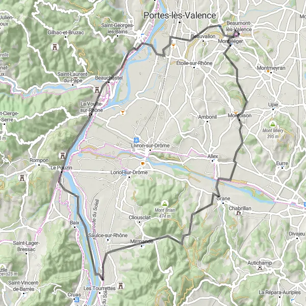 Miniatua del mapa de inspiración ciclista "Ruta de ciclismo desde Beaumont-lès-Valence" en Rhône-Alpes, France. Generado por Tarmacs.app planificador de rutas ciclistas