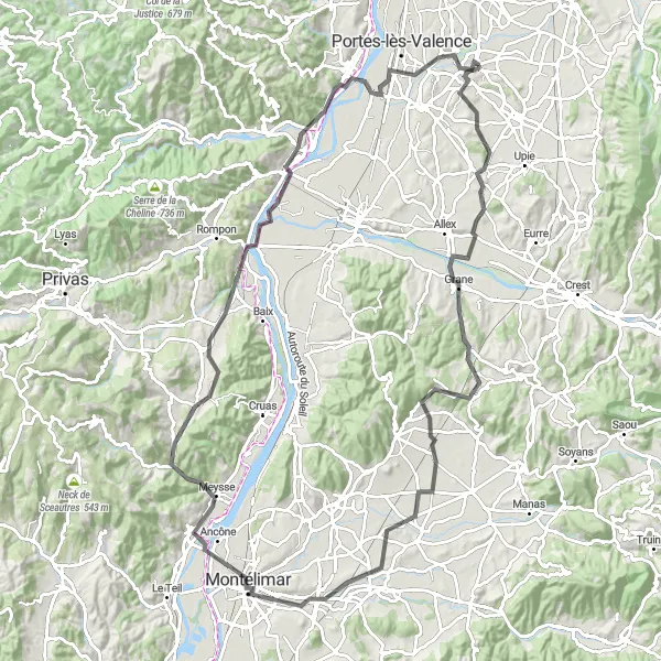 Miniatua del mapa de inspiración ciclista "Ruta escénica cerca de Beaumont-lès-Valence" en Rhône-Alpes, France. Generado por Tarmacs.app planificador de rutas ciclistas