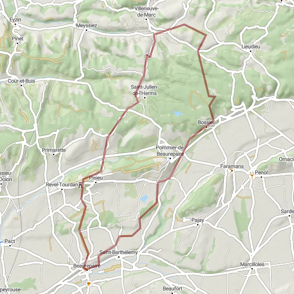 Miniatura della mappa di ispirazione al ciclismo "Tour in Gravel di 41 km tra le Colline di Beaurepaire" nella regione di Rhône-Alpes, France. Generata da Tarmacs.app, pianificatore di rotte ciclistiche