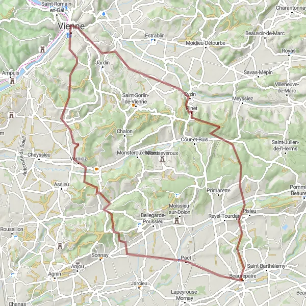 Miniatura della mappa di ispirazione al ciclismo "Esplorazione Gravel di Beaurepaire" nella regione di Rhône-Alpes, France. Generata da Tarmacs.app, pianificatore di rotte ciclistiche