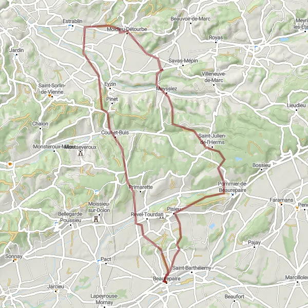 Map miniature of "Exploring the Outskirts of Beaurepaire" cycling inspiration in Rhône-Alpes, France. Generated by Tarmacs.app cycling route planner