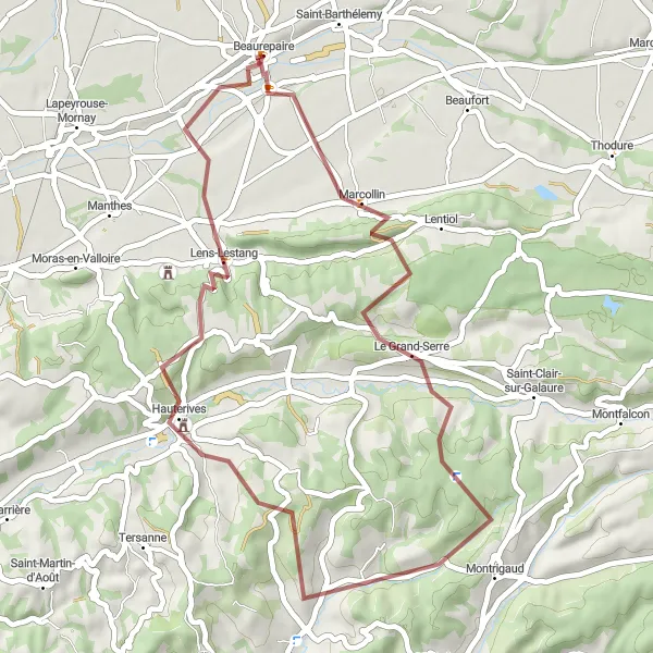 Map miniature of "Gravel Serenity: Exploring Le Grand-Serre" cycling inspiration in Rhône-Alpes, France. Generated by Tarmacs.app cycling route planner