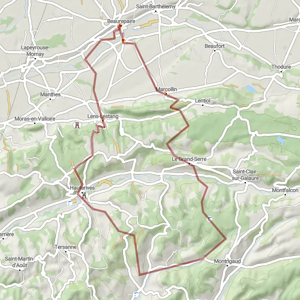 Miniature de la carte de l'inspiration cycliste "Les collines de l'Isère" dans la Rhône-Alpes, France. Générée par le planificateur d'itinéraire cycliste Tarmacs.app