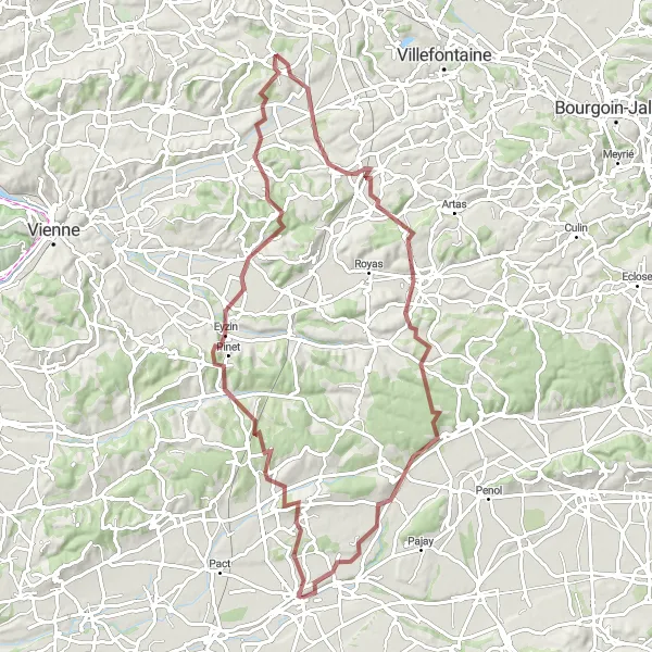 Mapa miniatúra "Výzva pre cyklistov - 85 km gravel okruh" cyklistická inšpirácia v Rhône-Alpes, France. Vygenerované cyklistickým plánovačom trás Tarmacs.app