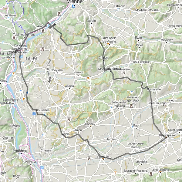 Miniatura della mappa di ispirazione al ciclismo "Scoperta in bicicletta nei dintorni di Beaurepaire" nella regione di Rhône-Alpes, France. Generata da Tarmacs.app, pianificatore di rotte ciclistiche