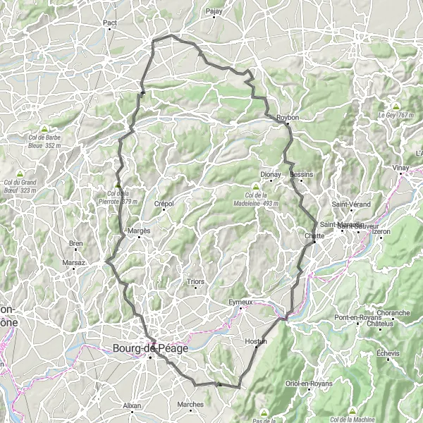 Miniatura della mappa di ispirazione al ciclismo "Viaggio in Bici di 116 km tra le Colline di Rhône-Alpes" nella regione di Rhône-Alpes, France. Generata da Tarmacs.app, pianificatore di rotte ciclistiche