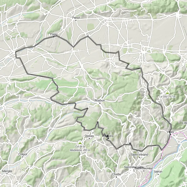Mapa miniatúra "Cestná trasa okolo Beaurepaire" cyklistická inšpirácia v Rhône-Alpes, France. Vygenerované cyklistickým plánovačom trás Tarmacs.app