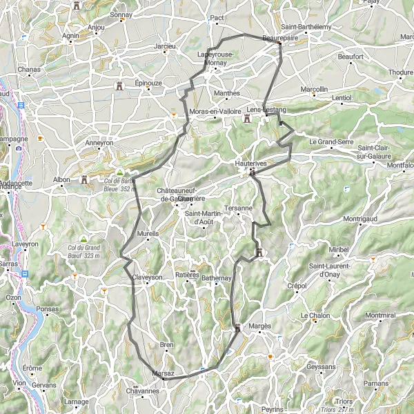 Mapa miniatúra "Výzva pre cestných cyklistov" cyklistická inšpirácia v Rhône-Alpes, France. Vygenerované cyklistickým plánovačom trás Tarmacs.app