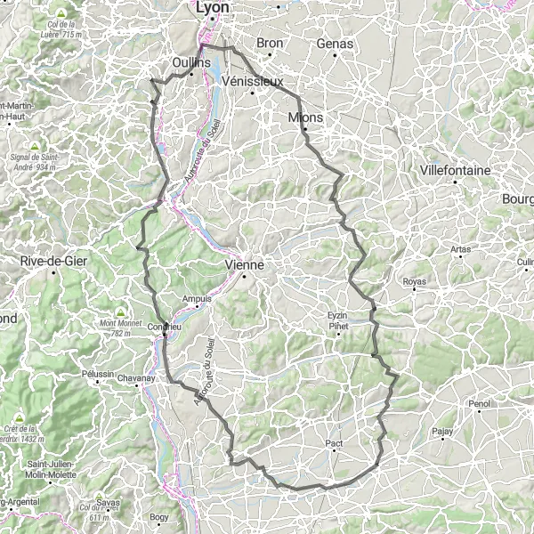 Mapa miniatúra "Road cyklotrasa plná zaujímavostí" cyklistická inšpirácia v Rhône-Alpes, France. Vygenerované cyklistickým plánovačom trás Tarmacs.app