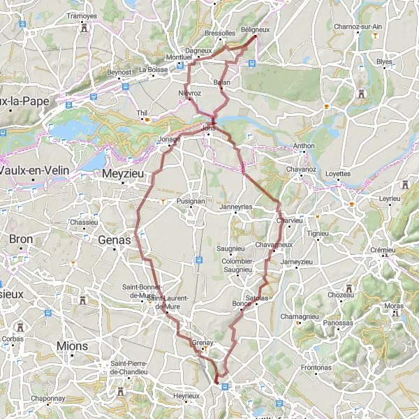 Miniatuurkaart van de fietsinspiratie "Gravelroute van Béligneux naar Niévroz" in Rhône-Alpes, France. Gemaakt door de Tarmacs.app fietsrouteplanner