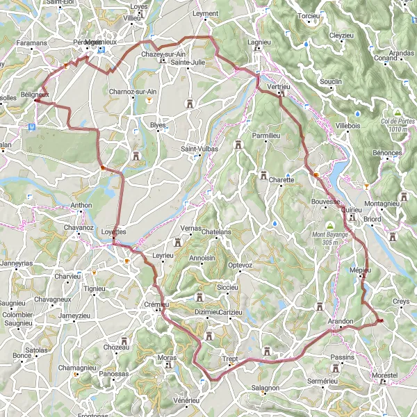 Miniatura della mappa di ispirazione al ciclismo "Gravel biking tra Béligneux e Port-Galland" nella regione di Rhône-Alpes, France. Generata da Tarmacs.app, pianificatore di rotte ciclistiche