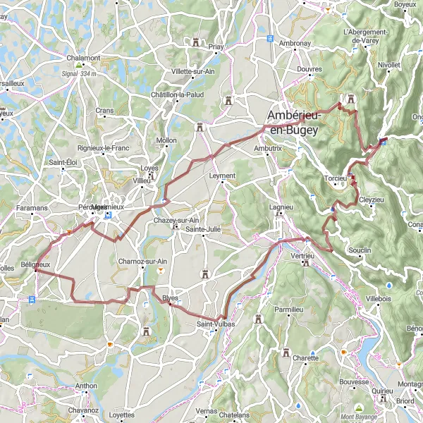 Karten-Miniaturansicht der Radinspiration "Gravelroute mit 83 km und 1128 m Aufstieg" in Rhône-Alpes, France. Erstellt vom Tarmacs.app-Routenplaner für Radtouren