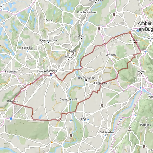 Map miniature of "Exploring Rural Beauty near Béligneux" cycling inspiration in Rhône-Alpes, France. Generated by Tarmacs.app cycling route planner