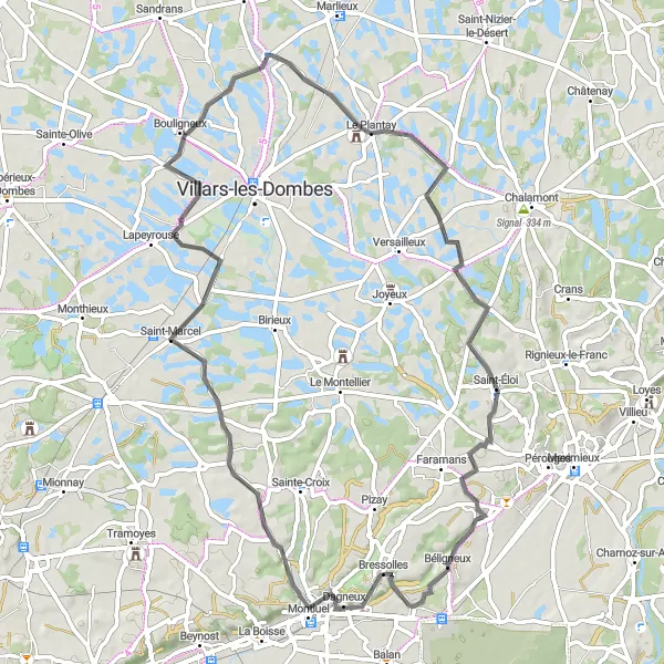 Miniaturní mapa "Road Trasa kolem Béligneux s významným stoupáním" inspirace pro cyklisty v oblasti Rhône-Alpes, France. Vytvořeno pomocí plánovače tras Tarmacs.app