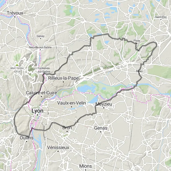 Miniature de la carte de l'inspiration cycliste "Parcours routier autour de Béligneux" dans la Rhône-Alpes, France. Générée par le planificateur d'itinéraire cycliste Tarmacs.app