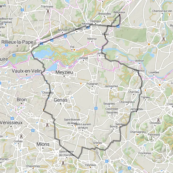 Karttaminiaatyyri "Béligneux - Chavanoz - Jameyzieu - Croix de l'Eperon" pyöräilyinspiraatiosta alueella Rhône-Alpes, France. Luotu Tarmacs.app pyöräilyreittisuunnittelijalla