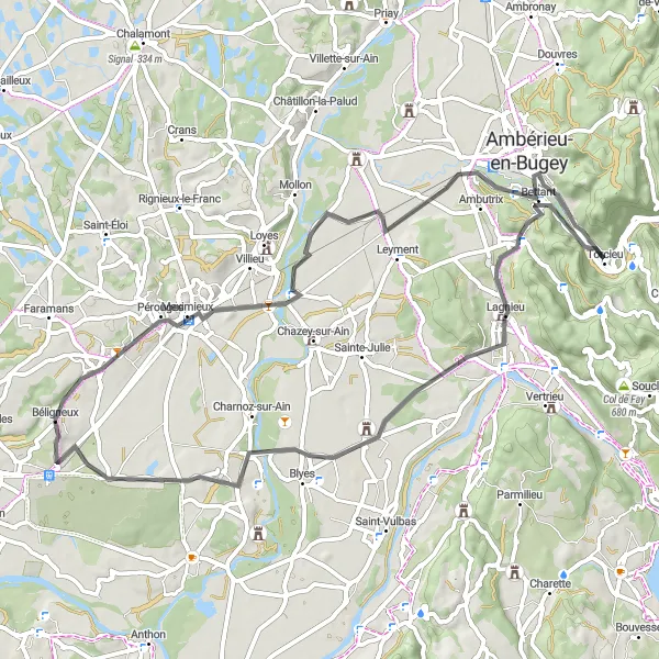 Karttaminiaatyyri "Kaunis kiertomatka Vaux-en-Bugeyn ympäristössä" pyöräilyinspiraatiosta alueella Rhône-Alpes, France. Luotu Tarmacs.app pyöräilyreittisuunnittelijalla