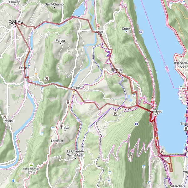 Map miniature of "Belley Gravel Adventure" cycling inspiration in Rhône-Alpes, France. Generated by Tarmacs.app cycling route planner