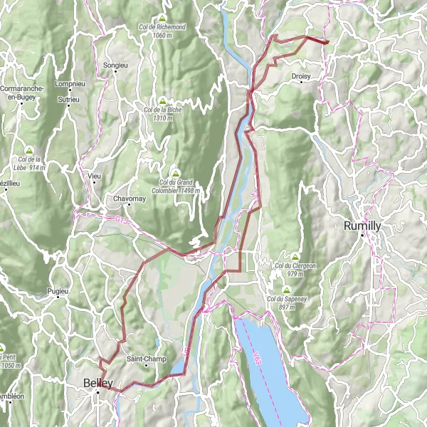 Map miniature of "Belley Gravel Adventure" cycling inspiration in Rhône-Alpes, France. Generated by Tarmacs.app cycling route planner