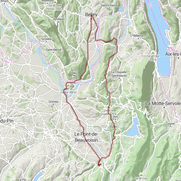 Miniature de la carte de l'inspiration cycliste "La Boucle des Montagnes" dans la Rhône-Alpes, France. Générée par le planificateur d'itinéraire cycliste Tarmacs.app