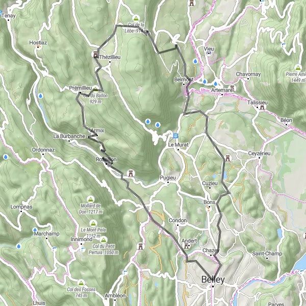 Map miniature of "Belley to Cheignieu-la-Balme Loop" cycling inspiration in Rhône-Alpes, France. Generated by Tarmacs.app cycling route planner