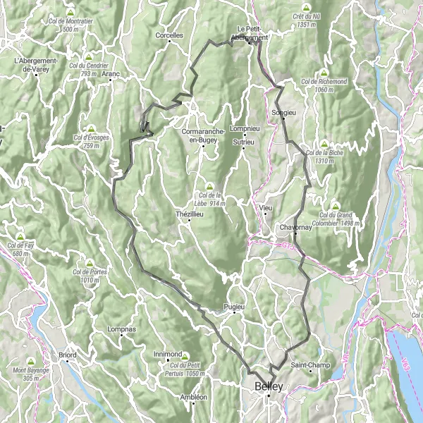 Mapa miniatúra "Okružní cesta kolem Belley" cyklistická inšpirácia v Rhône-Alpes, France. Vygenerované cyklistickým plánovačom trás Tarmacs.app