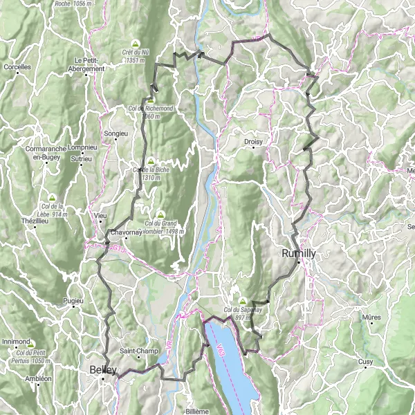 Miniatura della mappa di ispirazione al ciclismo "Belley - Chindrieux Road Cycling Route" nella regione di Rhône-Alpes, France. Generata da Tarmacs.app, pianificatore di rotte ciclistiche