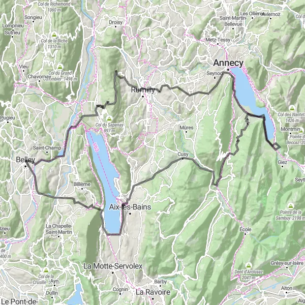 Karttaminiaatyyri "Belley - Lavours - Mollard de Vions - Col du Clergeon - Moye - Annecy - Visitation - Crêt du Bourg - Doussard - La Chapelle-Saint-Maurice - Col de Leschaux - Allèves - Pont de l'Abîme - Tresserve - Belvédère de la Grande Molière - Panorama - Virignin" pyöräilyinspiraatiosta alueella Rhône-Alpes, France. Luotu Tarmacs.app pyöräilyreittisuunnittelijalla