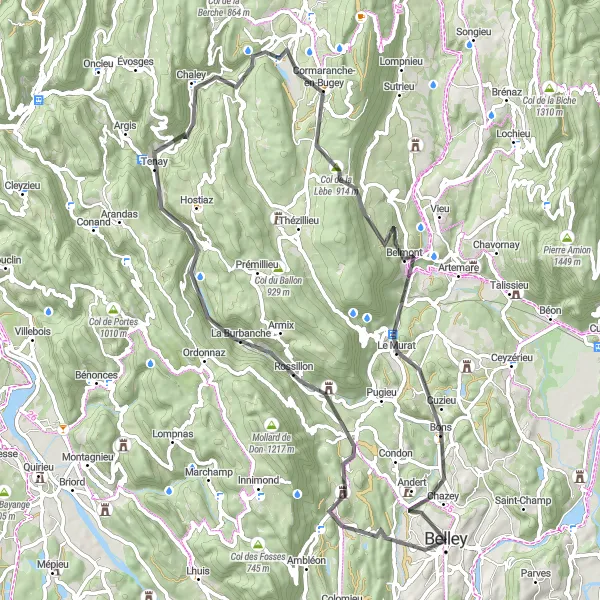 Map miniature of "Discovering the Beauty of Buges Region" cycling inspiration in Rhône-Alpes, France. Generated by Tarmacs.app cycling route planner