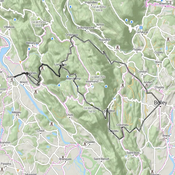 Miniatua del mapa de inspiración ciclista "Ruta de las colinas y pueblos antiguos" en Rhône-Alpes, France. Generado por Tarmacs.app planificador de rutas ciclistas