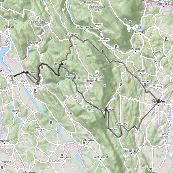 Miniatuurkaart van de fietsinspiratie "Korte fietstocht langs pittoreske dorpjes" in Rhône-Alpes, France. Gemaakt door de Tarmacs.app fietsrouteplanner