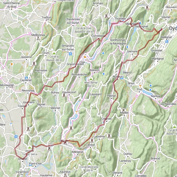 Miniatua del mapa de inspiración ciclista "Ruta de Grava por Bellignat" en Rhône-Alpes, France. Generado por Tarmacs.app planificador de rutas ciclistas