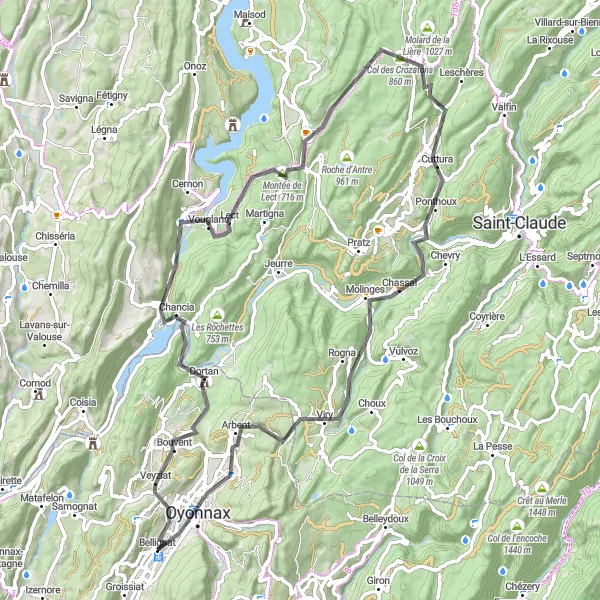 Miniatuurkaart van de fietsinspiratie "Schilderachtige Tocht door de Jura" in Rhône-Alpes, France. Gemaakt door de Tarmacs.app fietsrouteplanner