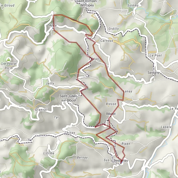 Miniatuurkaart van de fietsinspiratie "Korte gravelrit door landelijke omgeving" in Rhône-Alpes, France. Gemaakt door de Tarmacs.app fietsrouteplanner