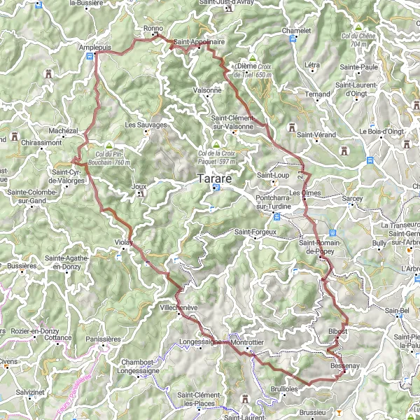 Map miniature of "Bessenay - Saint-Romain-de-Popey Round-trip (Gravel)" cycling inspiration in Rhône-Alpes, France. Generated by Tarmacs.app cycling route planner