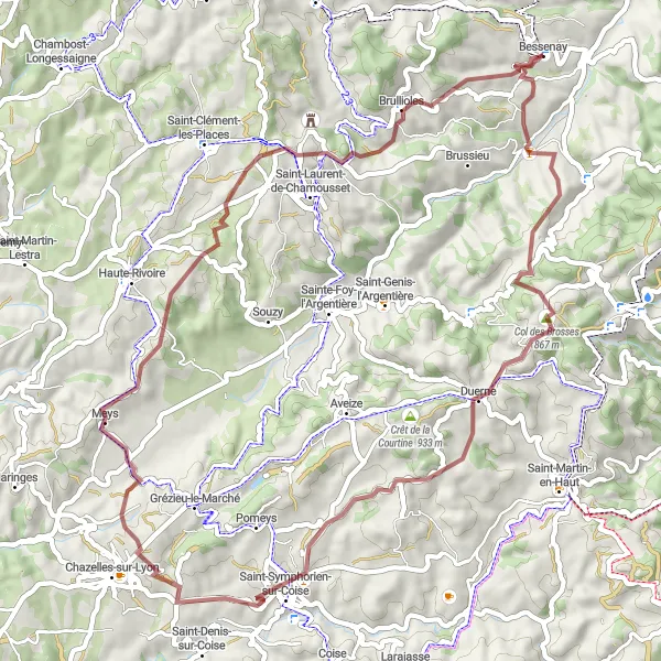 Miniatua del mapa de inspiración ciclista "Ruta de Grava Bessenay a Bessenay" en Rhône-Alpes, France. Generado por Tarmacs.app planificador de rutas ciclistas