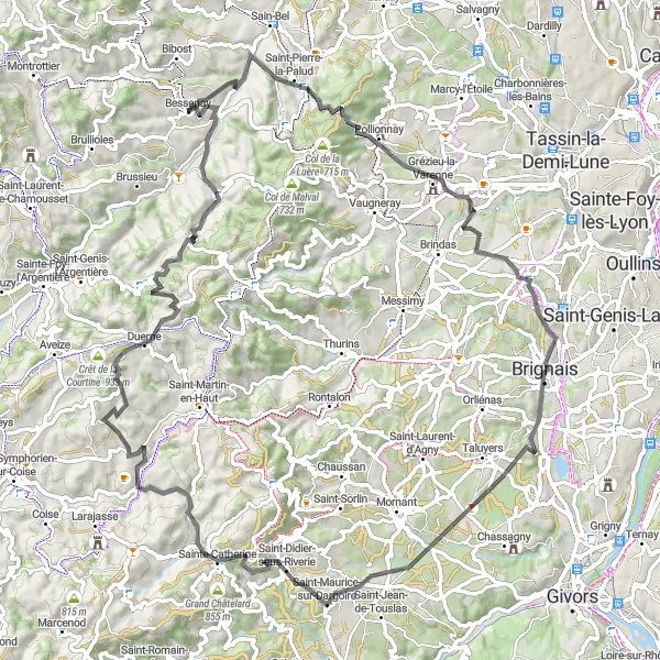 Map miniature of "Road Cycling Exploration of Lyon Hinterland" cycling inspiration in Rhône-Alpes, France. Generated by Tarmacs.app cycling route planner