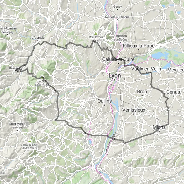 Kartminiatyr av "Lang vei gjennom Rhône-Alpes fra Bessenay til Chevinay" sykkelinspirasjon i Rhône-Alpes, France. Generert av Tarmacs.app sykkelrutoplanlegger