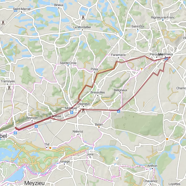 Miniatura mapy "Wycieczka do Pérouges" - trasy rowerowej w Rhône-Alpes, France. Wygenerowane przez planer tras rowerowych Tarmacs.app