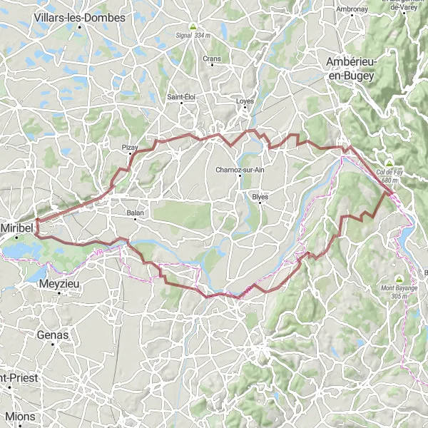 Miniatuurkaart van de fietsinspiratie "Gravelroute Beynost naar Saint-Maurice-de-Beynost" in Rhône-Alpes, France. Gemaakt door de Tarmacs.app fietsrouteplanner